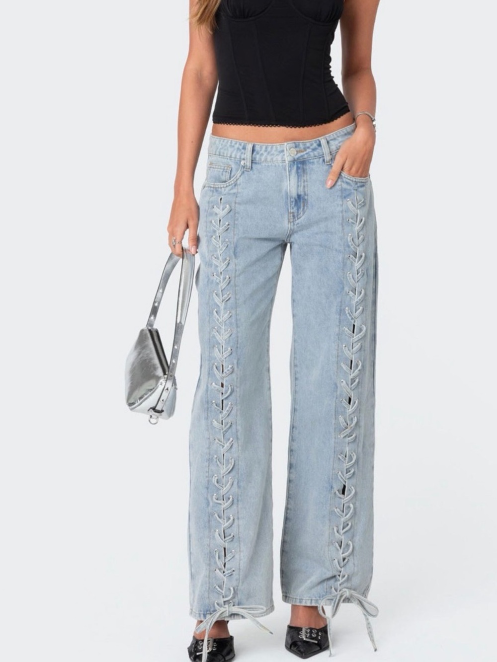 Edikted Light Blue Lace-Up Boyfriend Jeans